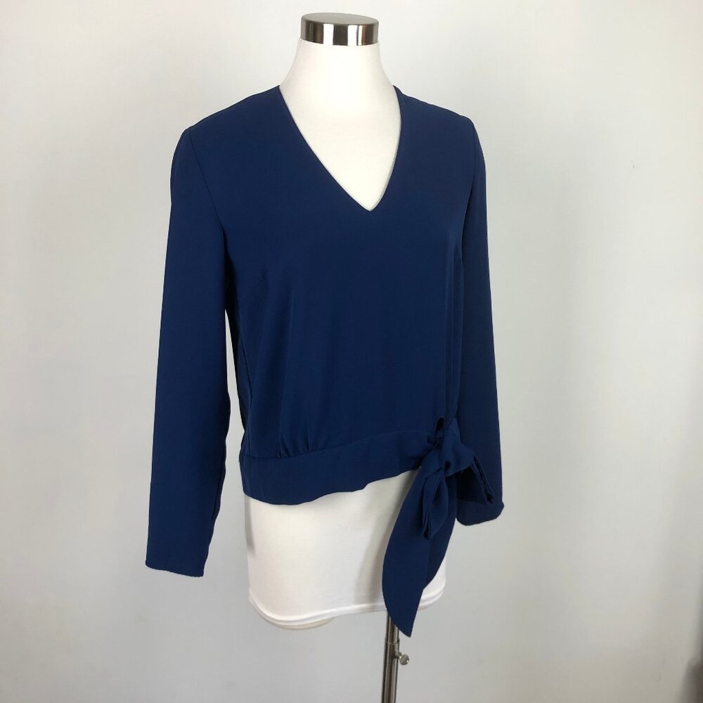 Amanda Uprichard Soft Tie Waist Long Sleeve Blouse Top V-Neck Navy Blue Size M